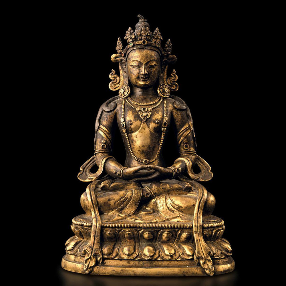 buddha sakyamuni in bronzo dorato, tibet, xviii secolo