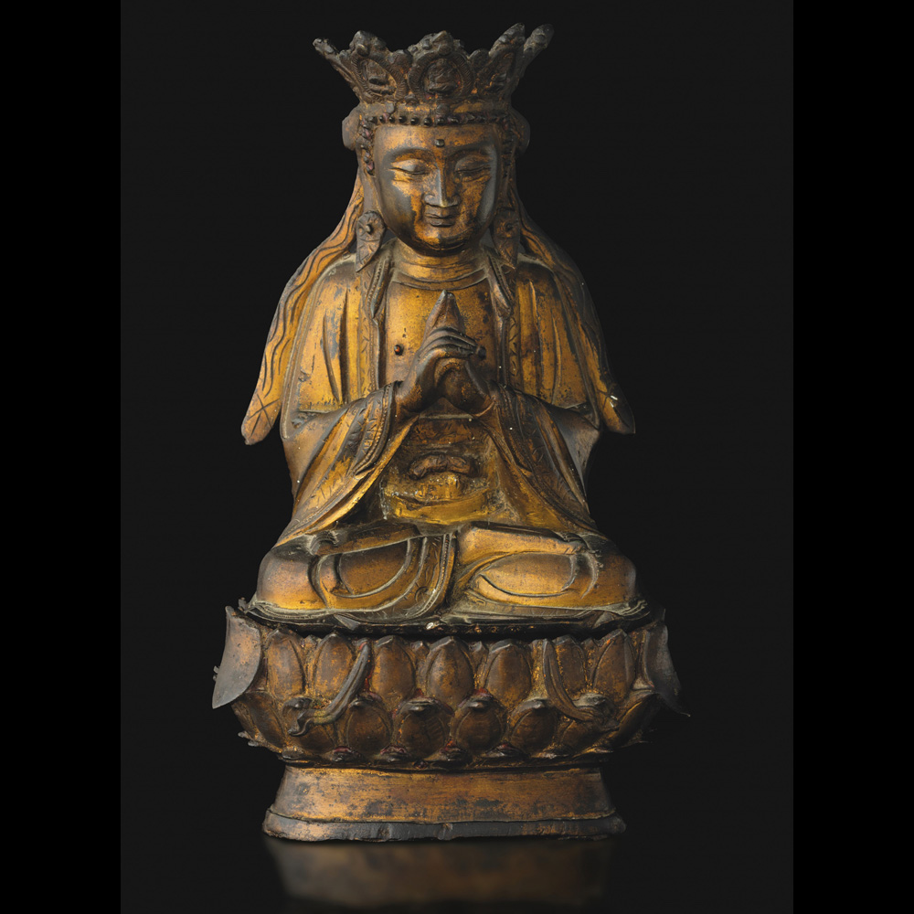 figura di avalokiteshvara in rame dorato, tibet, xvii sec