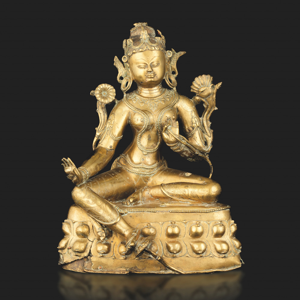 figura di buddha sakyamuni in bronzo dorato, tibet, xvii sec