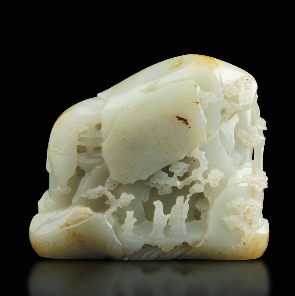 montagna scolpita in giada bianca celadon, dinastia qing, epoca qianlong